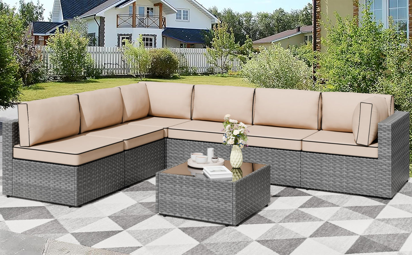 Shintenchi 7 Pieces Outdoor Patio Furniture Sets, Patio Sectional Sofa Couch, Gray PE Wicker Furniture Modular Patio Conversation Sets Patio Sofa with Washable Cushions, Gray/Khaki