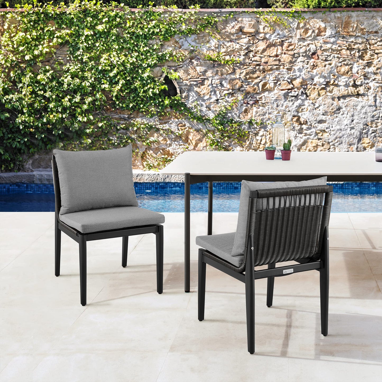 Armen Living Grand Outdoor Patio Dining Chairs in Aluminum with Grey Cushions - Set of 2