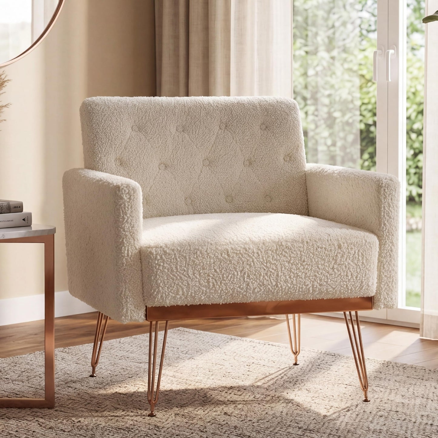 KEIKI Small Teddy Accent Chair, 31 Inch Modern Tufted Upholstered Armchair with Metal Leg, Comfortable Single Sofa Side Reading Chairs, Comfy Arm Chair for Bedroom Living Room, Easy Assembly, White