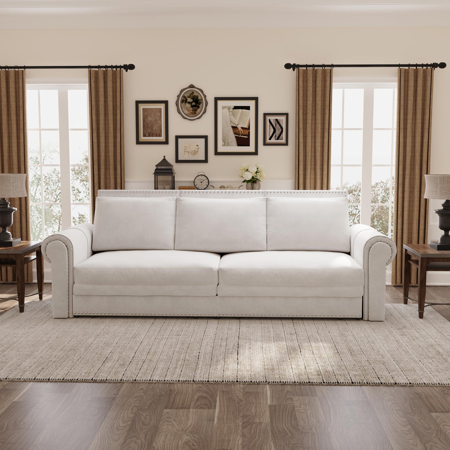 KEIKI 94" Chesterfield 3-in-1 Pull Out Sofa Bed, King Convertible Velvet Sofa with Rolled Arms & Nailhead Trim, 3-Seater Sofa Bed for Living Room, Bedroom or Office, Beige White