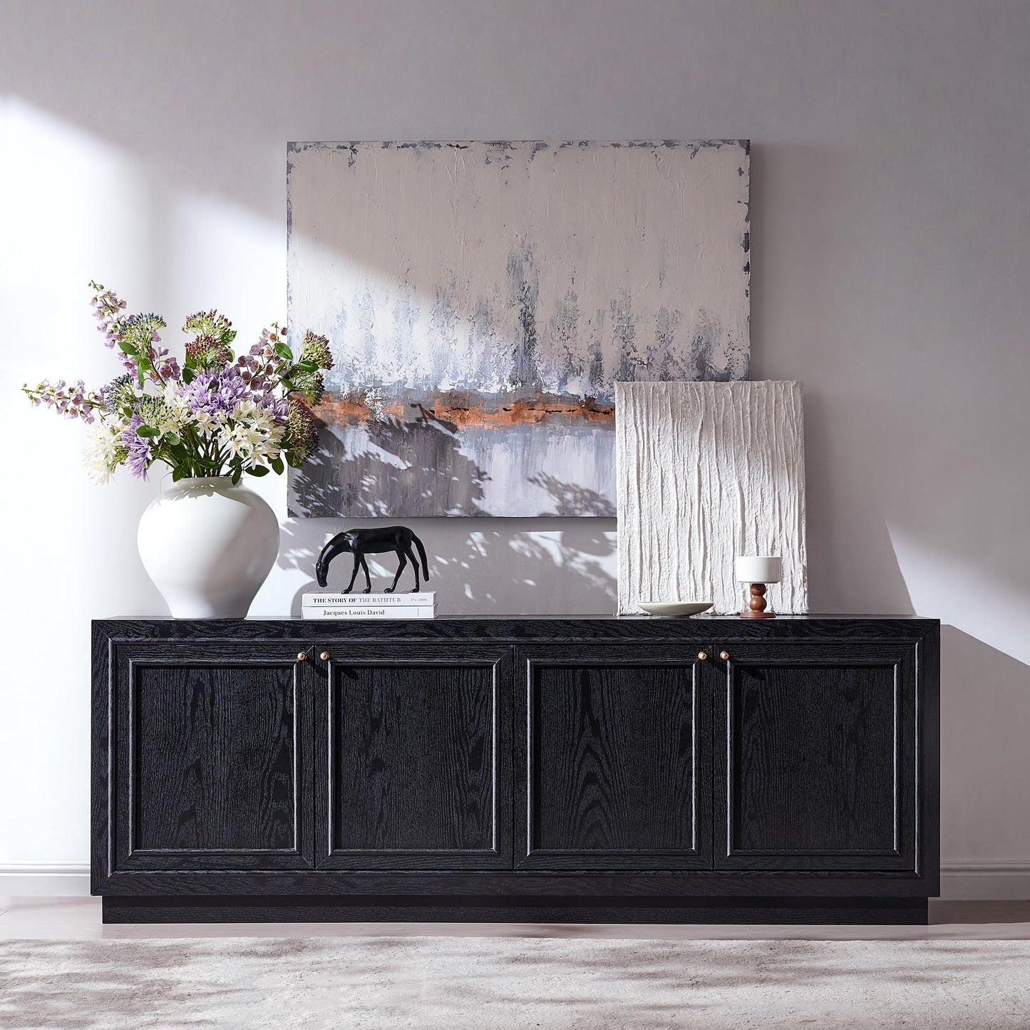 ACCOHOHO Farmhouse TV Stand, 68" Entertainment Center with 2 Base, Media Console Table for Living Room, TV Console with Storage Cabinets, for TV up to 75 Inches,Charcoal Black