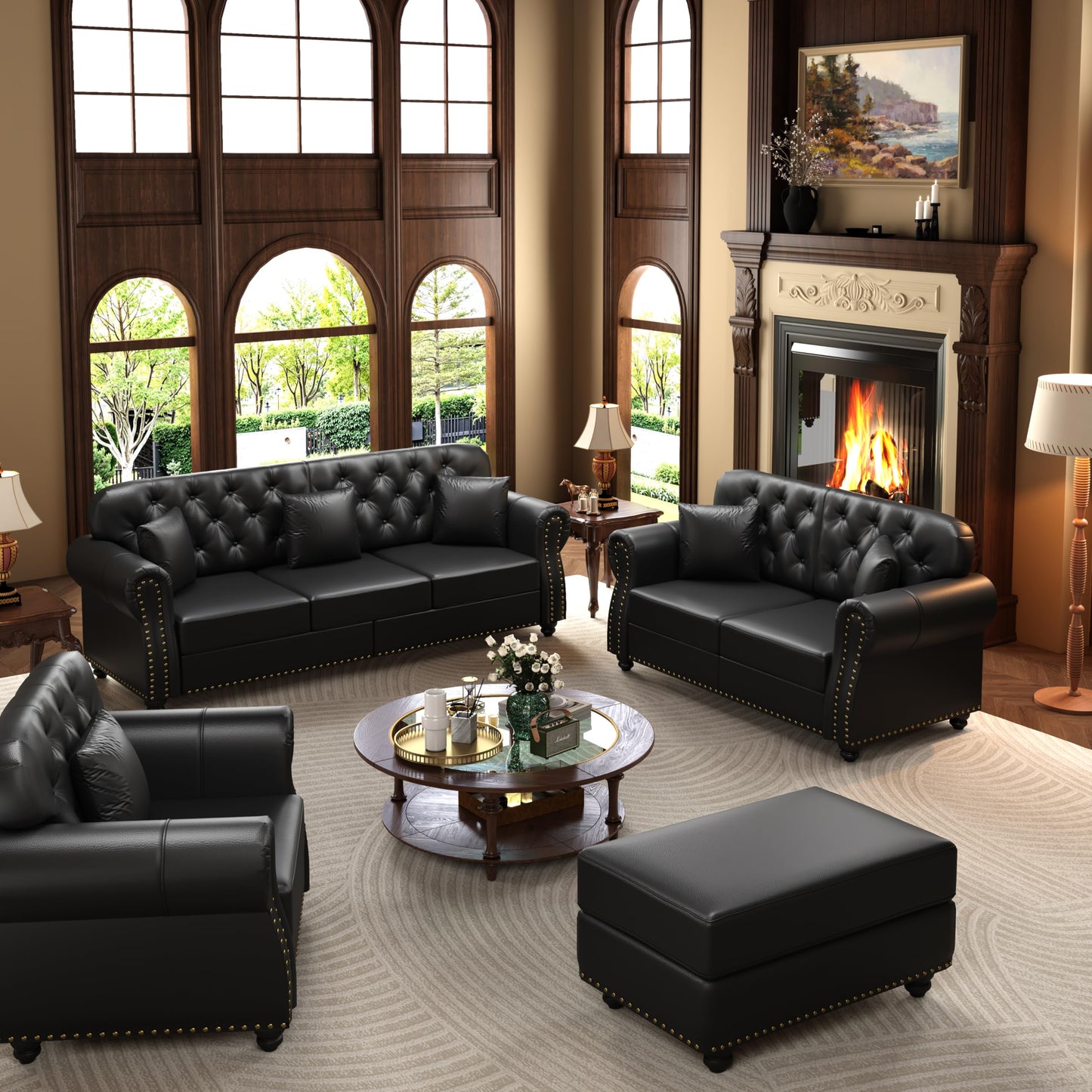 KEIKI 3-Piece Chesterfield Sofa Set with 1 Faux Leather 3-Seater Sofa & 1 Loveseat & 1 Single Sofa, 6-Seater Couch Set with Nailhead Trim & Rolled Arms & 1 Ottoman & 6 Pillow, for Living Room, Black