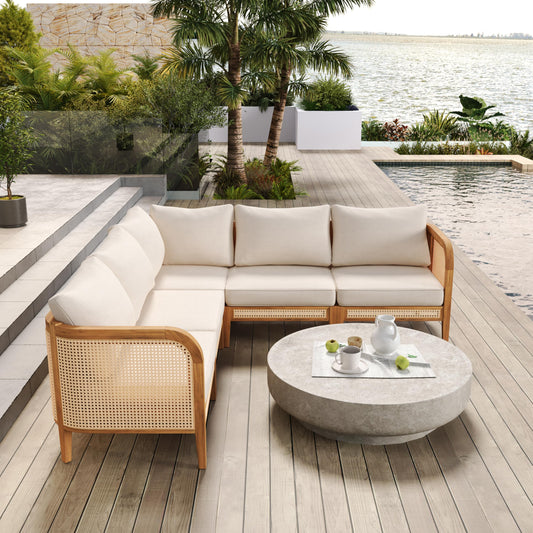 Merax 5 Piece Patio Outdoor Furniture Set, All-Weather Rattan Wicker L-Shaped Sectional Sofa w/Cushions, Acacia Wood 5-Seater Couch Set for Porch, Lawn, Backyard, Balcony, Teak+ Beige