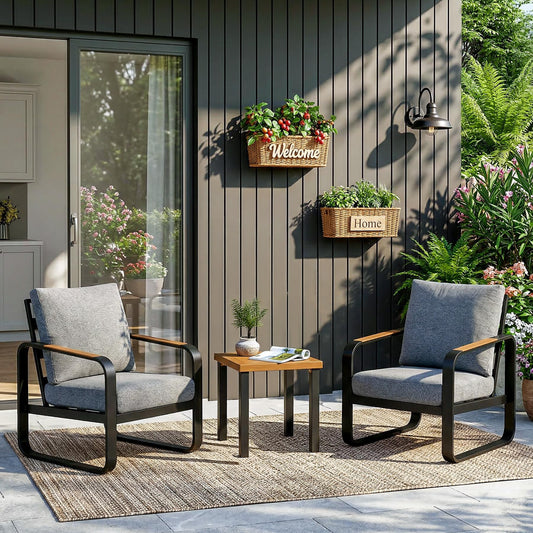 Tribesigns 3-Piece Outdoor Patio Furniture Set with 2 Armchairs & 1 Side Table, Modern Metal Patio Bistro Set with 6'' Thick Cushions, All-Weather Conversation Set for Balcony, Porch, Gray