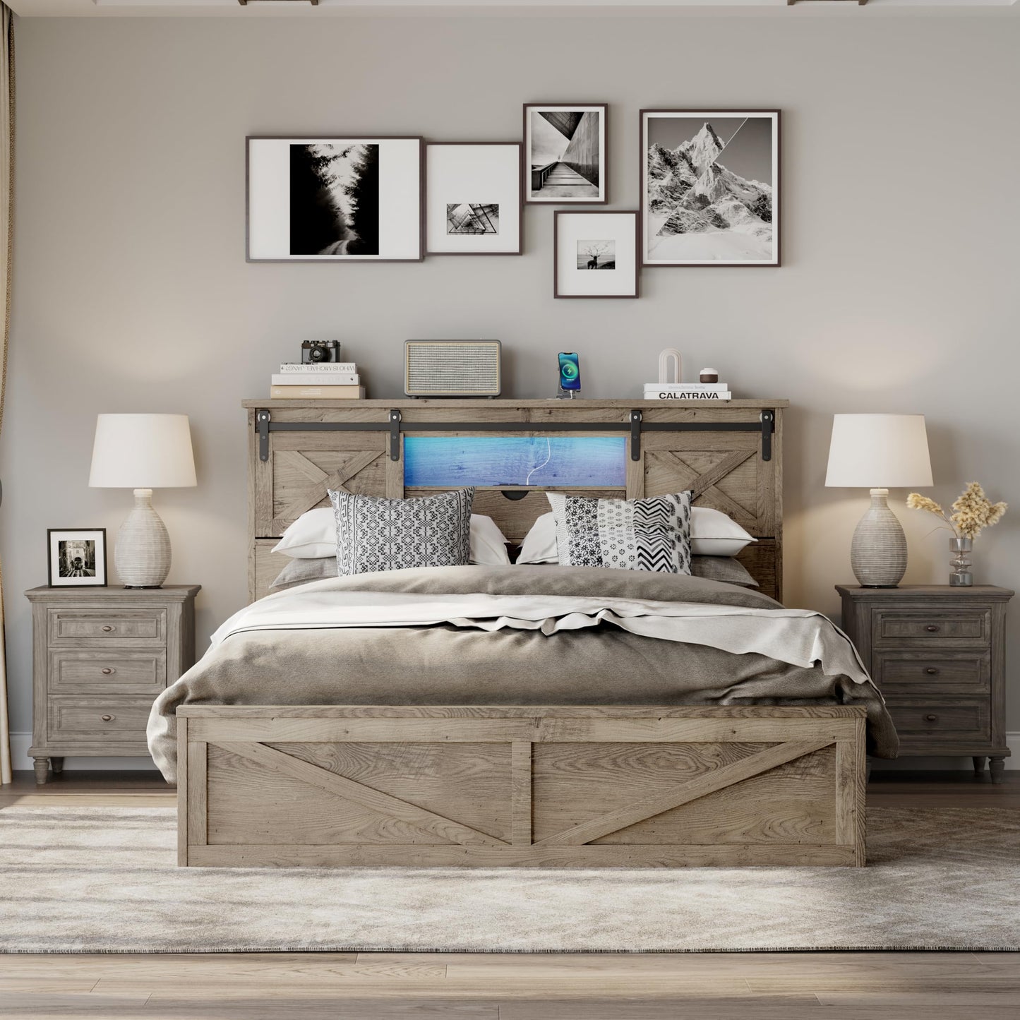 KEIKI Farmhouse Queen Bed Frame with Storage Headboard & Drawers, Rustic Wooden Platform Bed with Sliding Barn Door Design, Modern Bedroom Furniture, No Box Spring Needed, Noise Free, Grey
