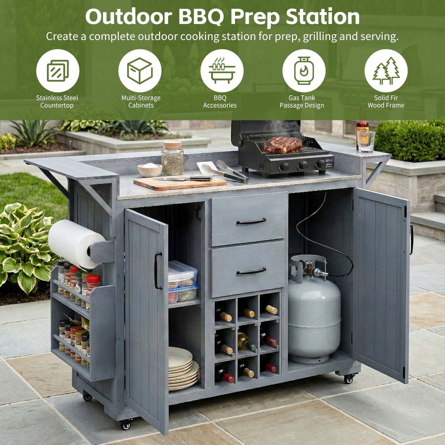 Merax 60.2''W Outdoor Kitchen Island on Wheels with Stainless Steel Top, Wood Rolling Patio Grill Cart with Storage Cabinets, Drawers, Spice Rack & Wine Rack, Outdoor Grill BBQ Prep Table, Gray