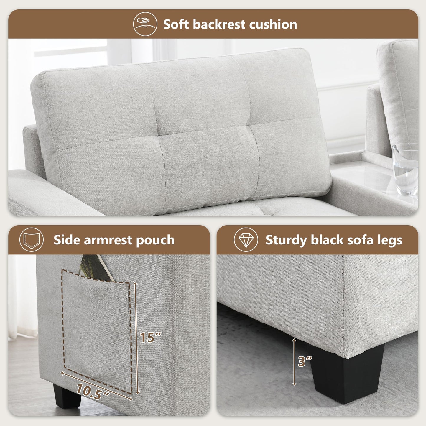 ERYE 104-Inch Oversized Tufted Corner Sectional Sofa 6 Seat Modular Convertible Sofa Couches W/Charging Station, Movable Ottoman, Storage Console,Drawers for Home/Apartment