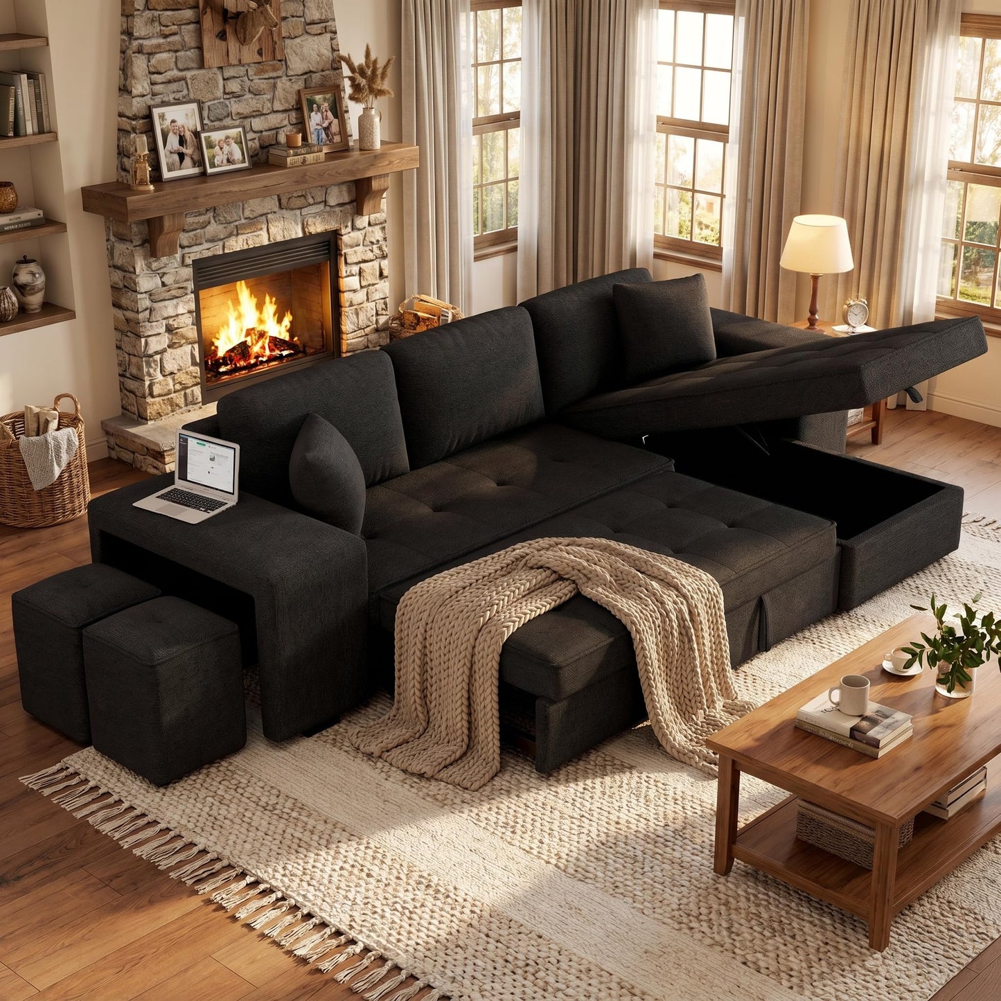 Eafurn 104.5" Reversible Sleeper Sectional Sofa Bed, Tufted L Shaped Convertible Pull Out Sectional Sofa Bed with Storage Chaise Lounge and 2 Stools for Living Room Apartment