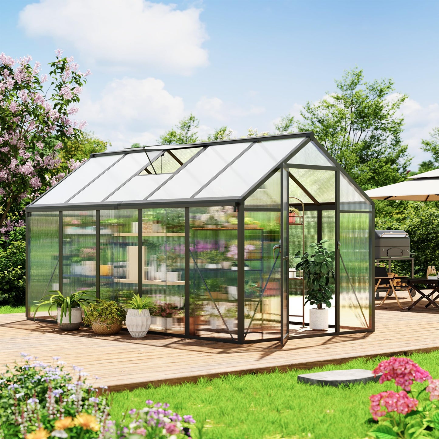 Garvee 6x10ft Greenhouse, Large Walk-in Greenhouse for Outdoors with Roof Vent & Lockable Outward-Opening Swing Door, Heavy Duty Aluminum Frame Polycarbonate Green House for Garden,Backyard,Lawn,Grey