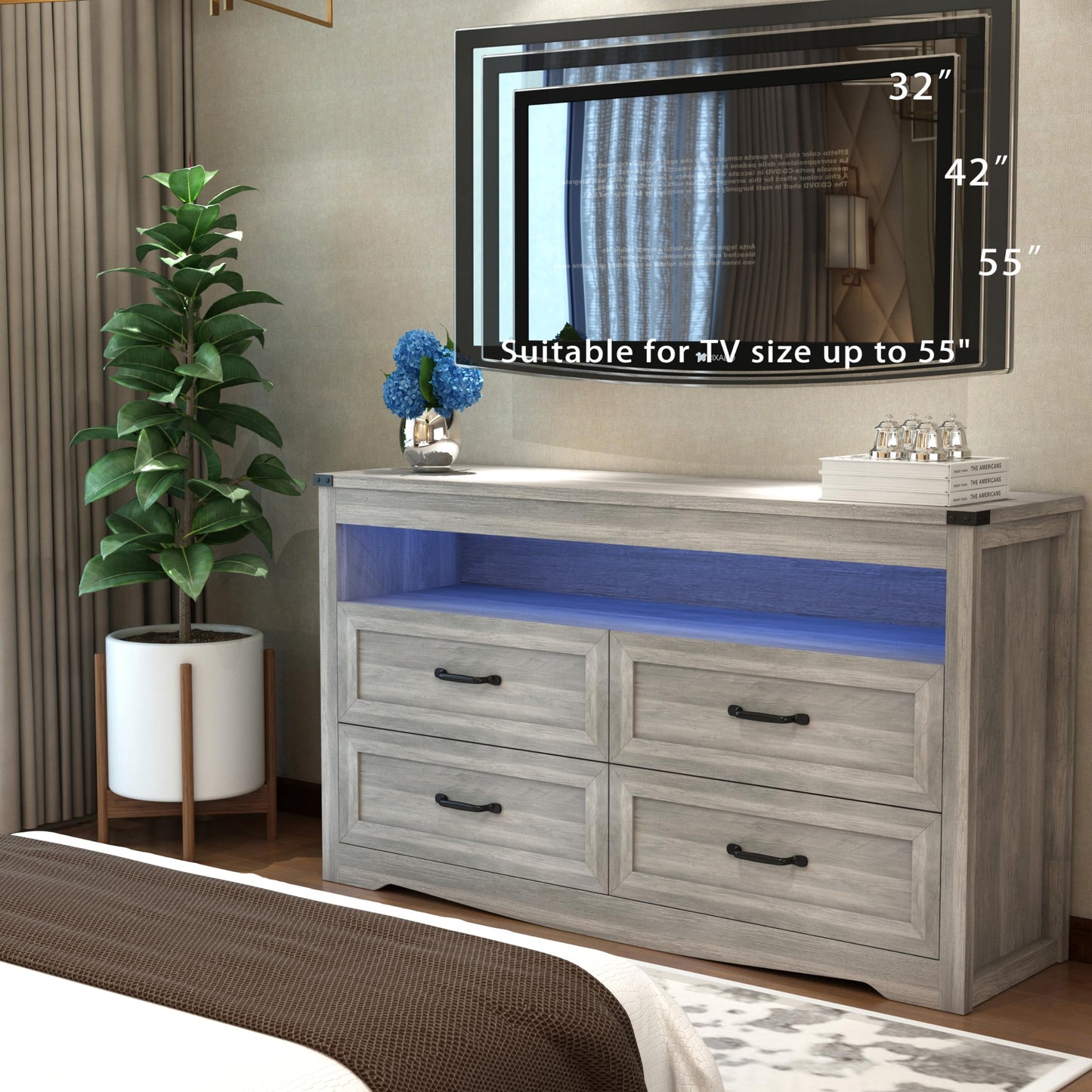 Wodeer Grey Dresser for Bedroom, Wooden 4 Drawer Dresser with LED Light, Dressers & Chests of Drawers with Metal Handles, Storage and Organization for Bedroom, Hallway, Entryway, Gray