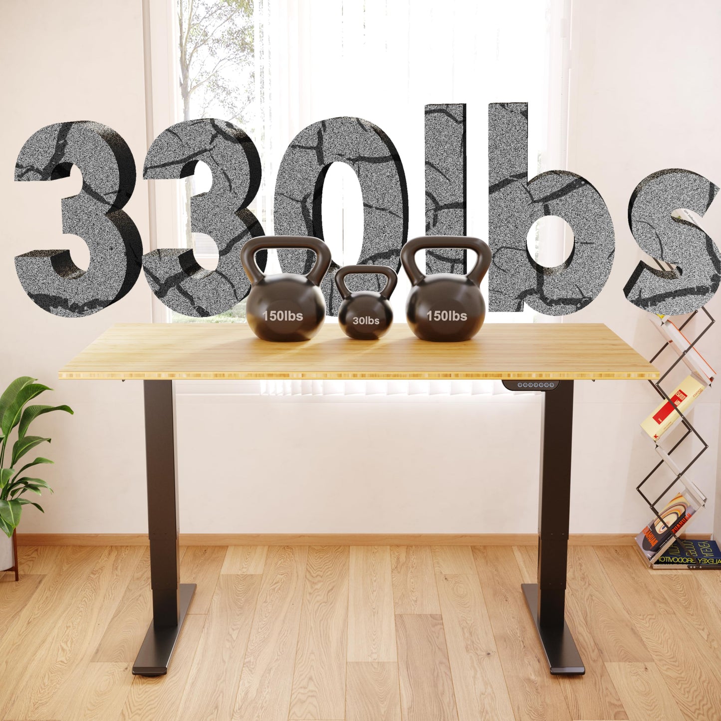 FLEXISPOT E6 MAX Bamboo 55x28 Inch Dual Motor 3-Stage Heavy Duty Standing Desk, 330lbs Weight Capacity, Height Adjustable Desk w/Cable Management & Wheels (Solid Bamboo Desktop + Black Frame)