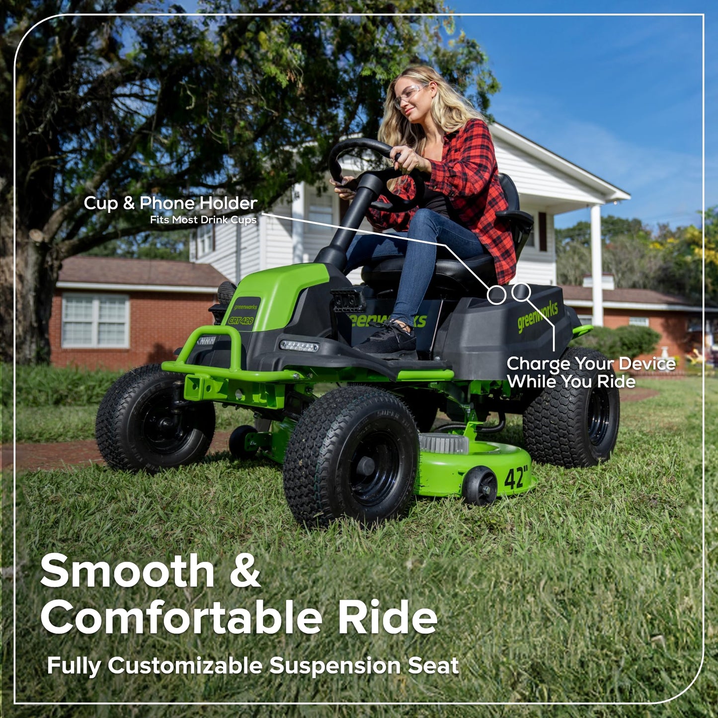 Greenworks 80V 42" CrossoverT Cordless Riding Lawn Tractor, (4) 6.0Ah Batteries and 600W Charger