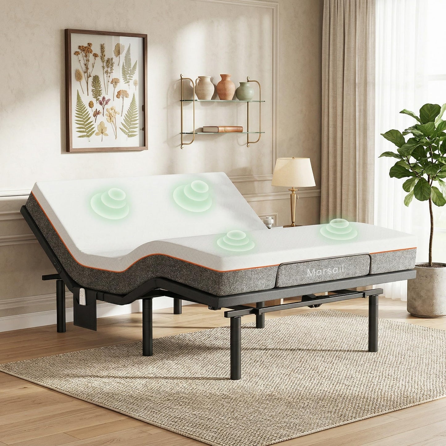Marsail MS01-2 Queen Adjustable Bed + 6-inch Gel Memory Foam Mattress, APP Control Adjustable Bed with Under-Bed Nightlight, Queen