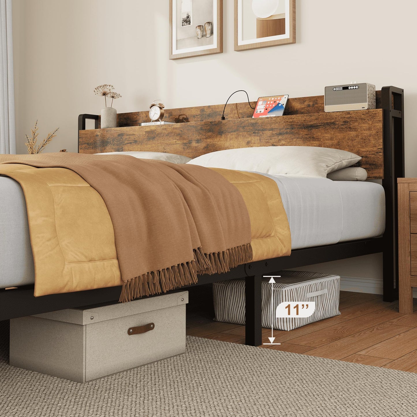 IDEALHOUSE King Size Bed Frame with Storage Headboard, Industrial King Bed Platform with Charging Station and USB Ports, No Box Spring Needed Easy Assemble Mattress Foundation - Rustic Brown