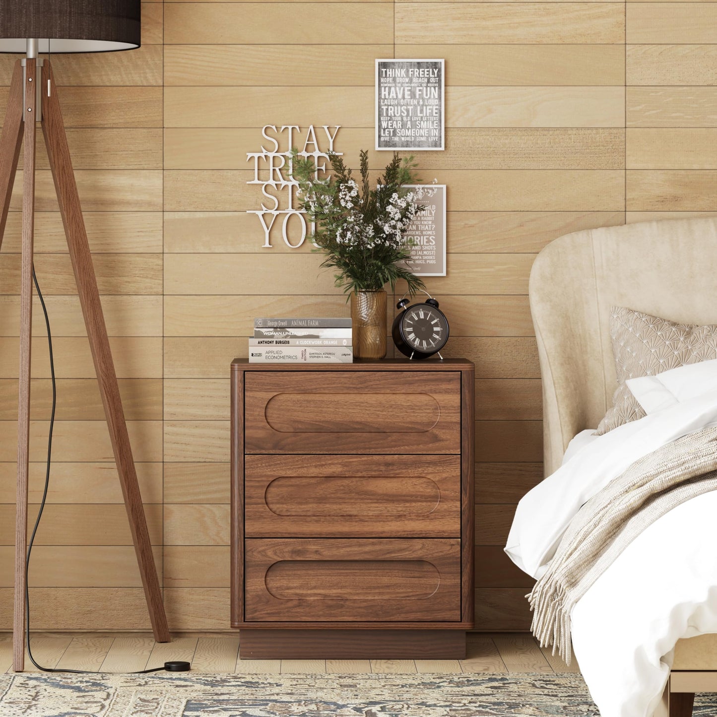 Aoikax Modern 3 Drawer Nightstand X 2P with Push-to-Open Drawers, Mid-Century Bedside Table with Raised Base for Bedroom, Oval Groove Panel Front, Dark Walnut Color