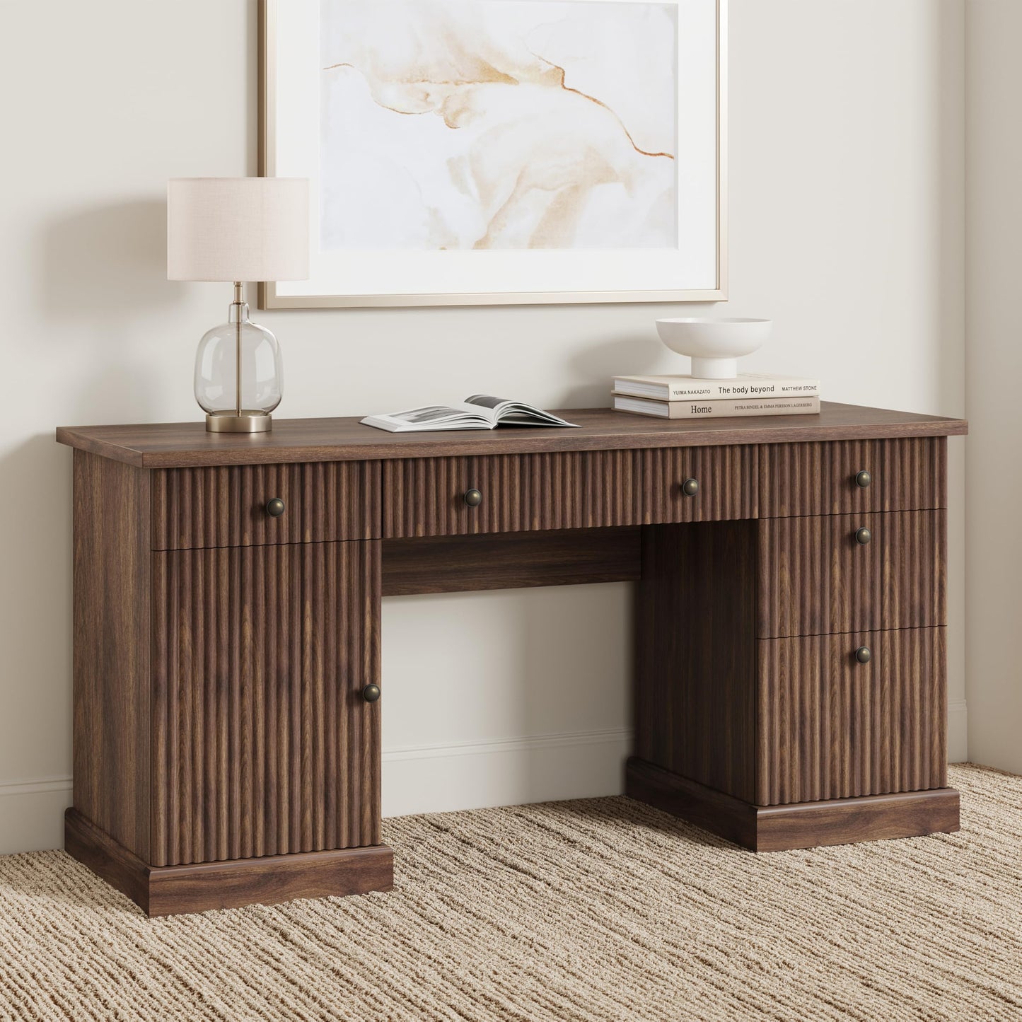 Garvee 60" Office Desk with Storage & Drawers. Fluted Wood Computer Desk with Power Outlet & Adjustable Shelves.Modern Executive Desk for Home Office/Bedroom/Gaming-Brown