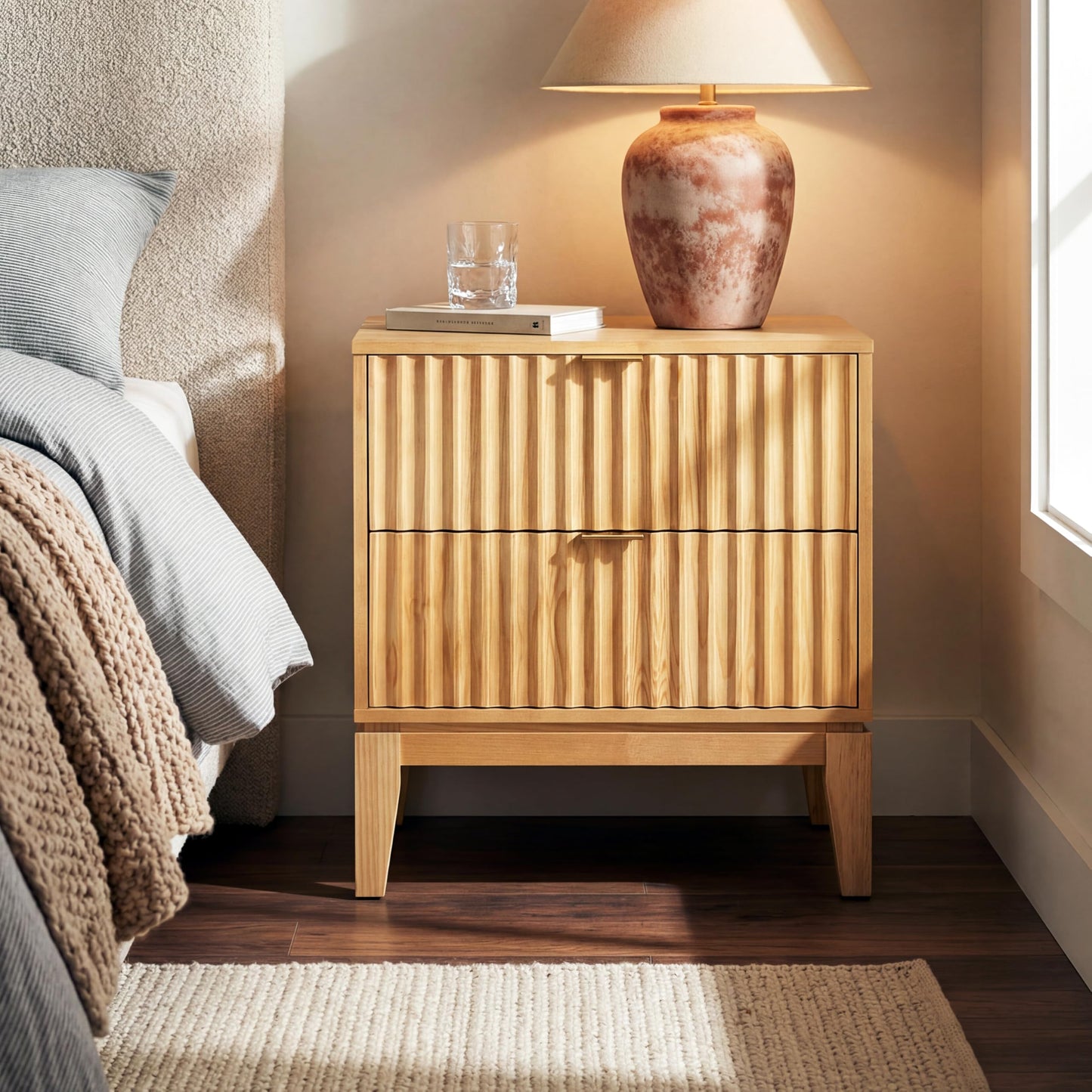 Christopher Knight Home Lane Modern Nightstand with Two Drawers, Wooden Small Night Stand with Fluted Design, Boho Bedside Table/End Table, Multipurpose Space-Saving Storage Cabinet, Natural