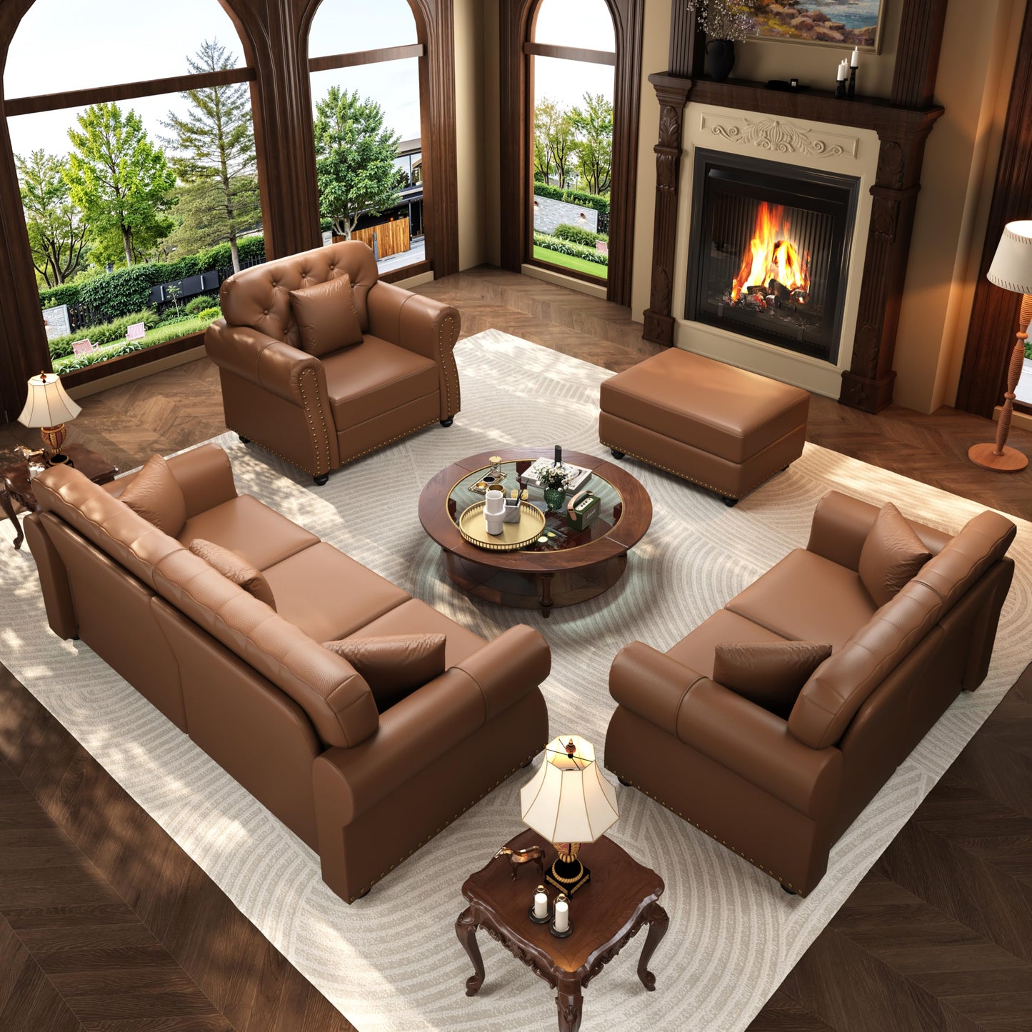 KEIKI 3-Piece Chesterfield Sofa Set with 1 Faux Leather 3-Seater Sofa & 1 Loveseat & 1 Single Sofa, 6-Seater Couch Set with Nailhead Trim & Rolled Arms & 1 Ottoman & 6 Pillow, for Living Room, Brown