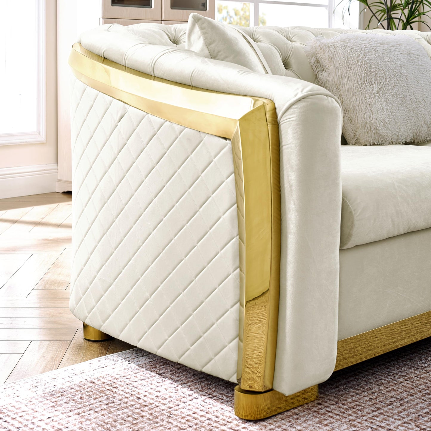 KEIKI 106" L-Shaped Luxury Velvet Chesterfield Sectional Sofa with Gold Stainless Steel Accents and 5 Pillows, Mid-Century Oversized 5-Seater Button Tufted Couch, Easy Assembly, for Living Room, Beige