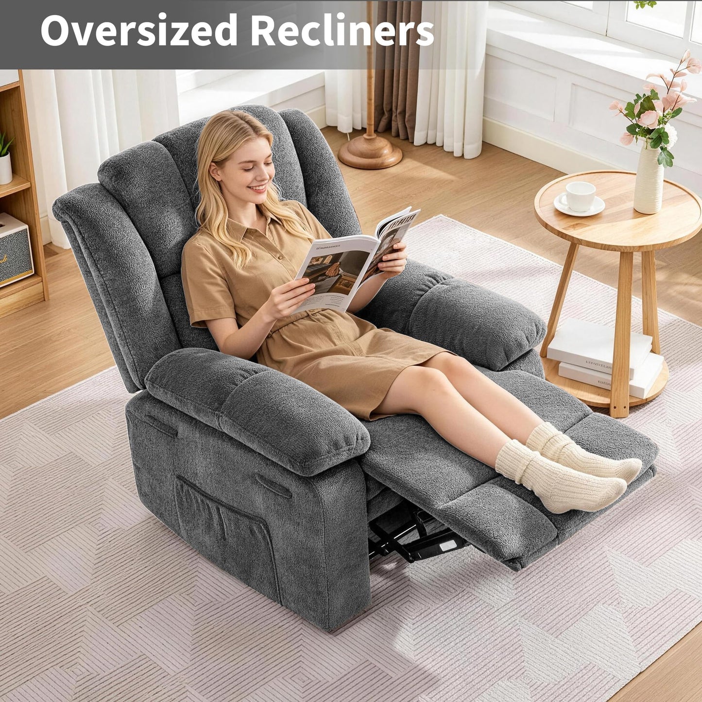 Oversized Recliner Chair for Adult,150°Recliner Chairs Ergonomic Nursery Chairs, Extra Wide Manual Recliners,Fabric Upholstery Soft Sofa Chair for Livingroom,Bedroom,Gray
