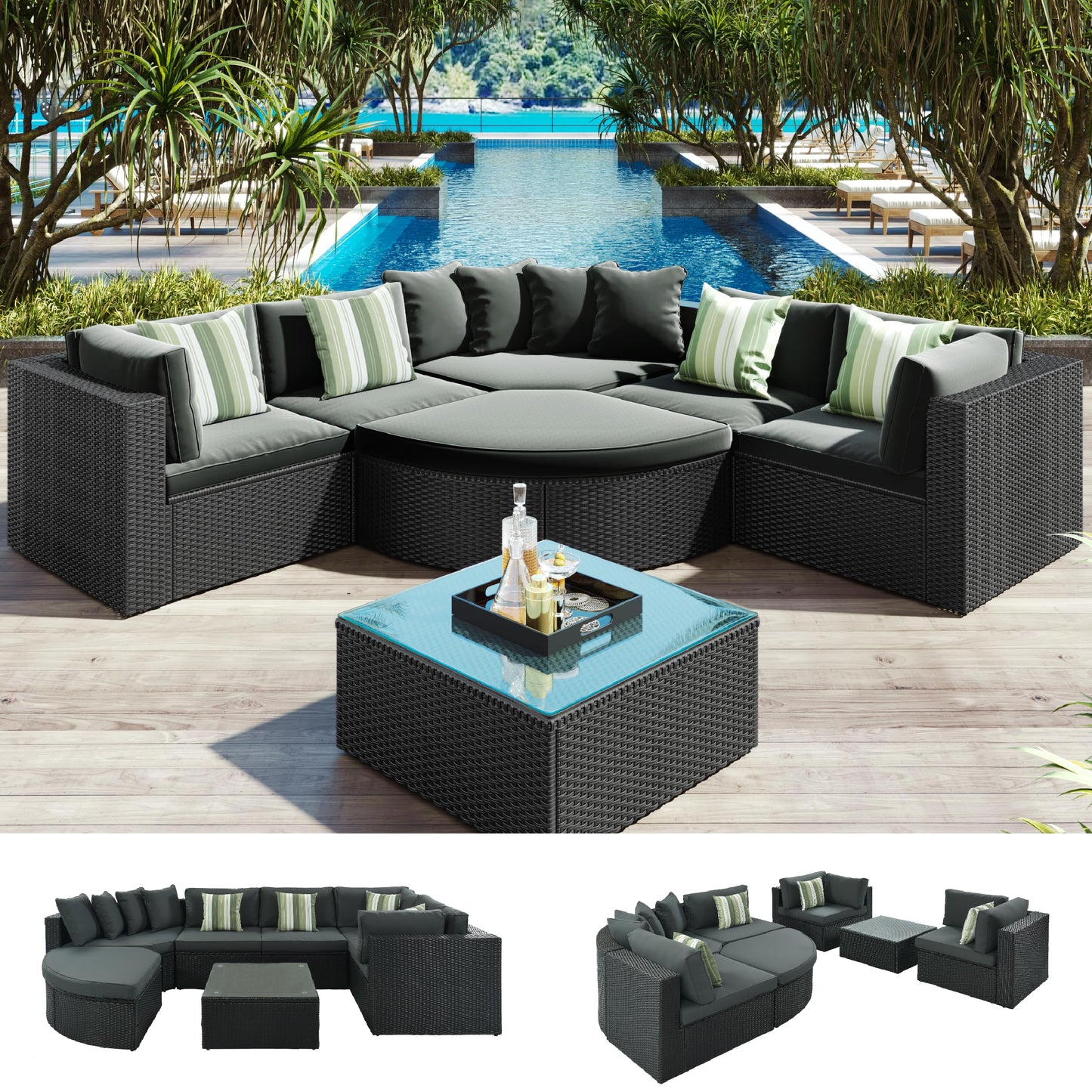 Merax 7 Pieces Outdoor Patio Furniture, 6 Seat Wicker Sectional Lounger Sofa Chair Set with Table, All Weather Rattan Conversation Sleeper Couch Bed Sets for Garden Poolside, Cushions & Pillows, Grey