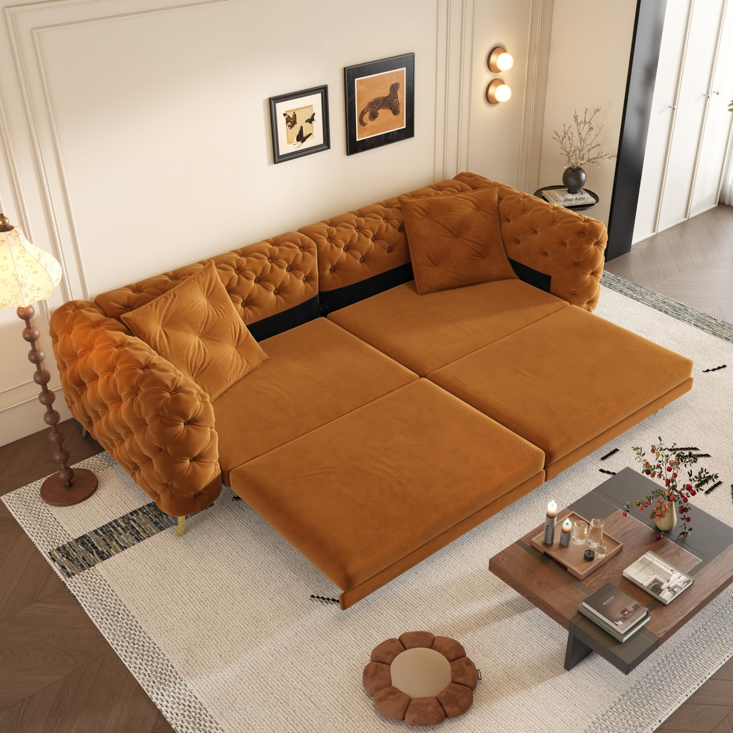 Ball & Cast 3-in-1 Convertible Sleeper Sofa with Movable Ottoman,97.7" Velvet Pull Out Sofa Bed, Modern Button Tufted 4-Seater Sofa Couch with Deep Seat for Living Room, Apartment,Office,Orange