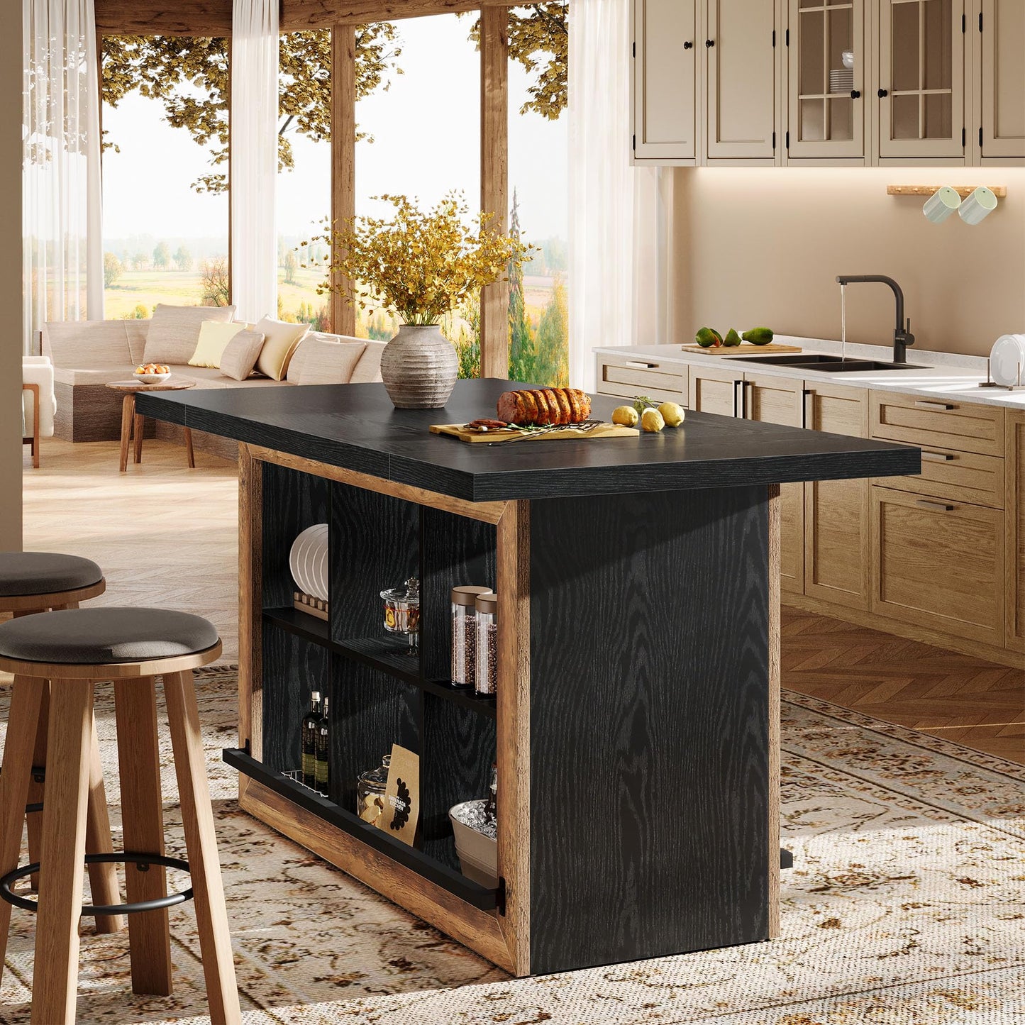 Tribesigns Kitchen Island with Storage, Farmhouse Island Bar, Black&Brown
