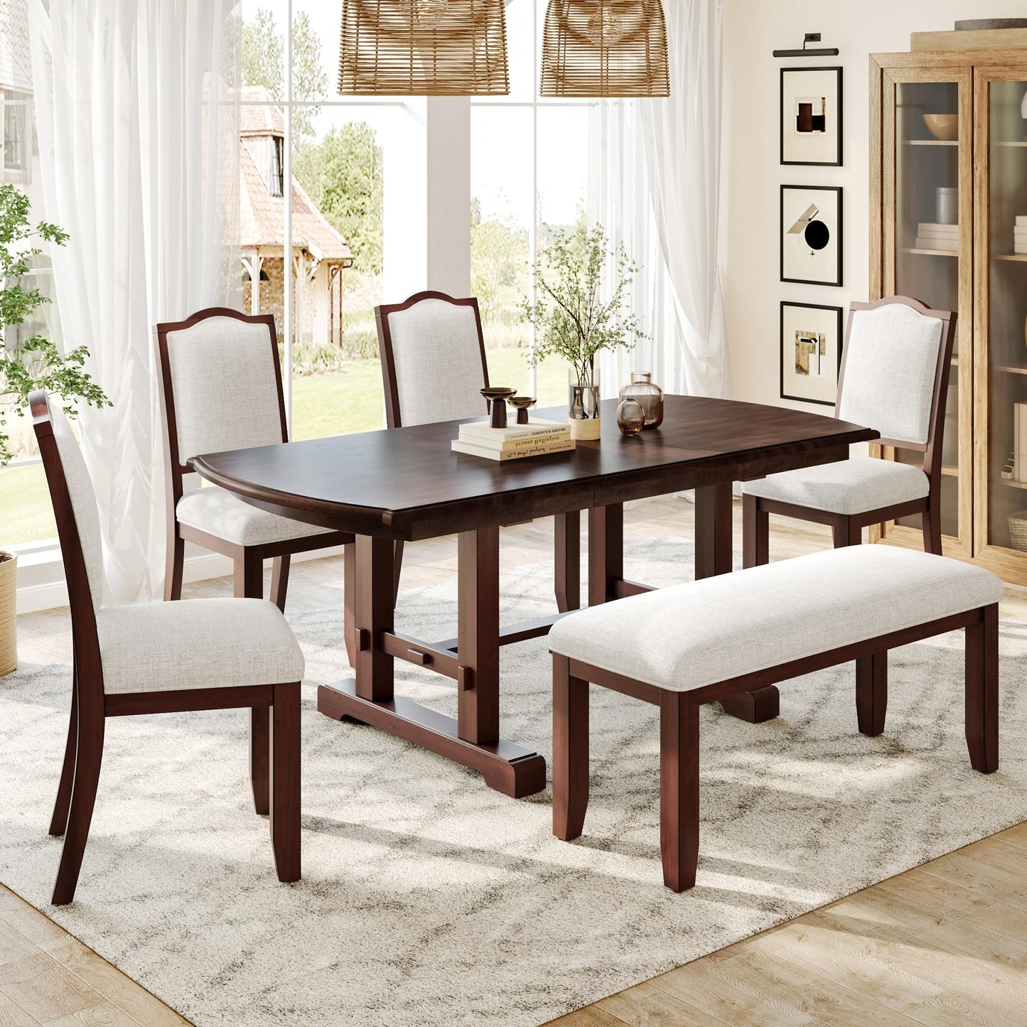 Ball & Cast 60"-78" Extendable Farmhouse Dining-Table for 6-8, Expandable Wooden Kitchen Table with 18" Removable Leaf, Large Retro H-Leg Dining Room Table for 4-8,Space Saving & Sturdy, Cherry