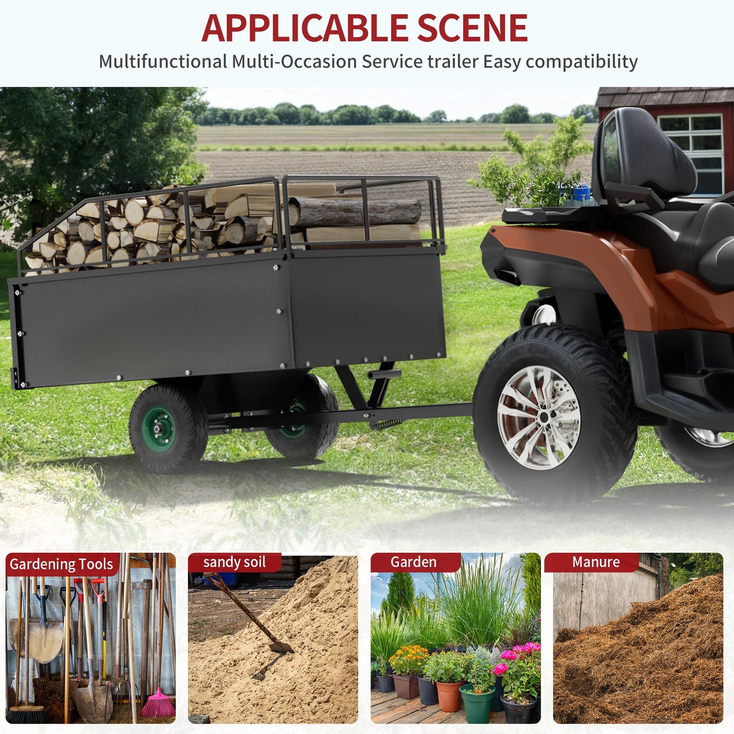 YITAMOTOR ATV Dump Trailer, Heavy Duty Tow Behind Dump Cart, Capacity 750lbs, 17.5 Cu.Ft. Yard Garden Trailer for Pull Behind Lawn Mower Trailer Tractor, Alloy Steel Shelf & Extra 5" Height Guardrail