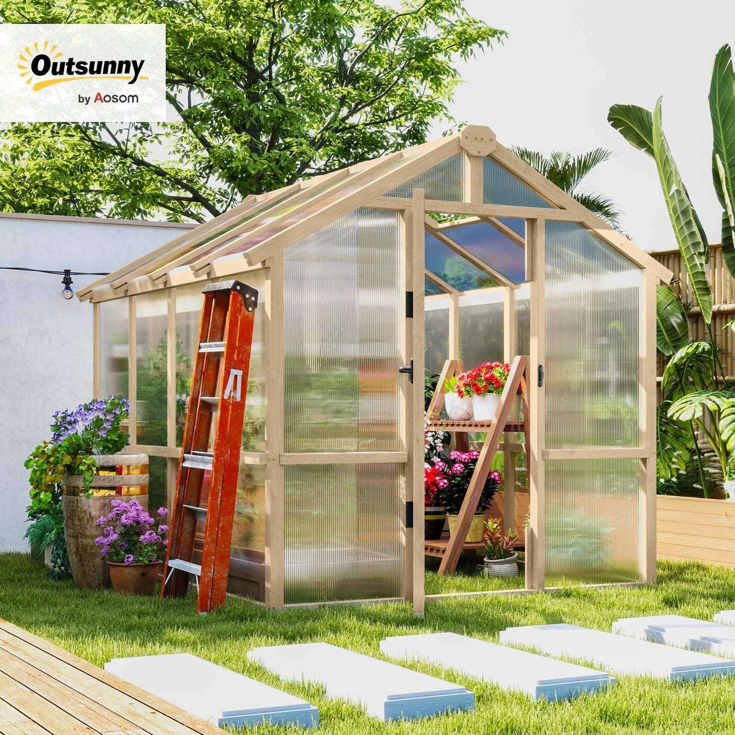 Outsunny 6.6' x 8' Walk-in Polycarbonate Greenhouse with Thickened Panels, Wooden Greenhouse with Lockable Door, Roof Vent for Outdoors, Winter Sunroom for Patio Backyard Garden, Brown