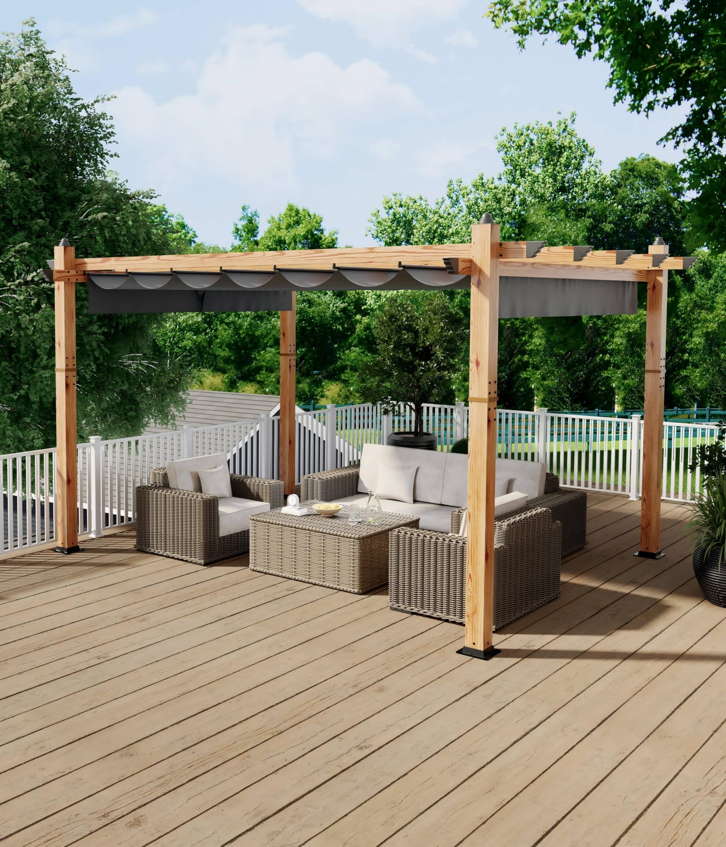 10' X 13' Outdoor Pergola with Retractable Canopy Aluminum Pergola Faux Wood Metal Pergolas Gazebo for Backyard, Deck, Patio, Garden Porch Beach Sun Shade Pavilion Grape Trellis Grill, Gray
