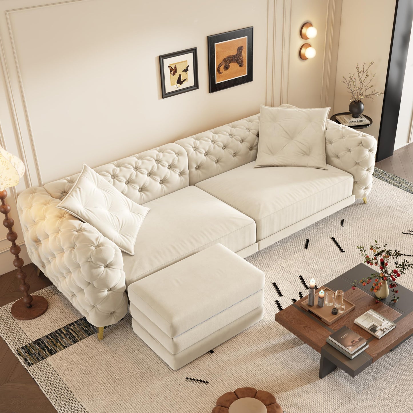 Ball & Cast 3-in-1 Convertible Sleeper Sofa with Movable Ottoman,97.7" Velvet Pull Out Sofa Bed, Modern Button Tufted 4-Seater Sofa Couch with Deep Seat for Living Room, Apartment,Office,Beige