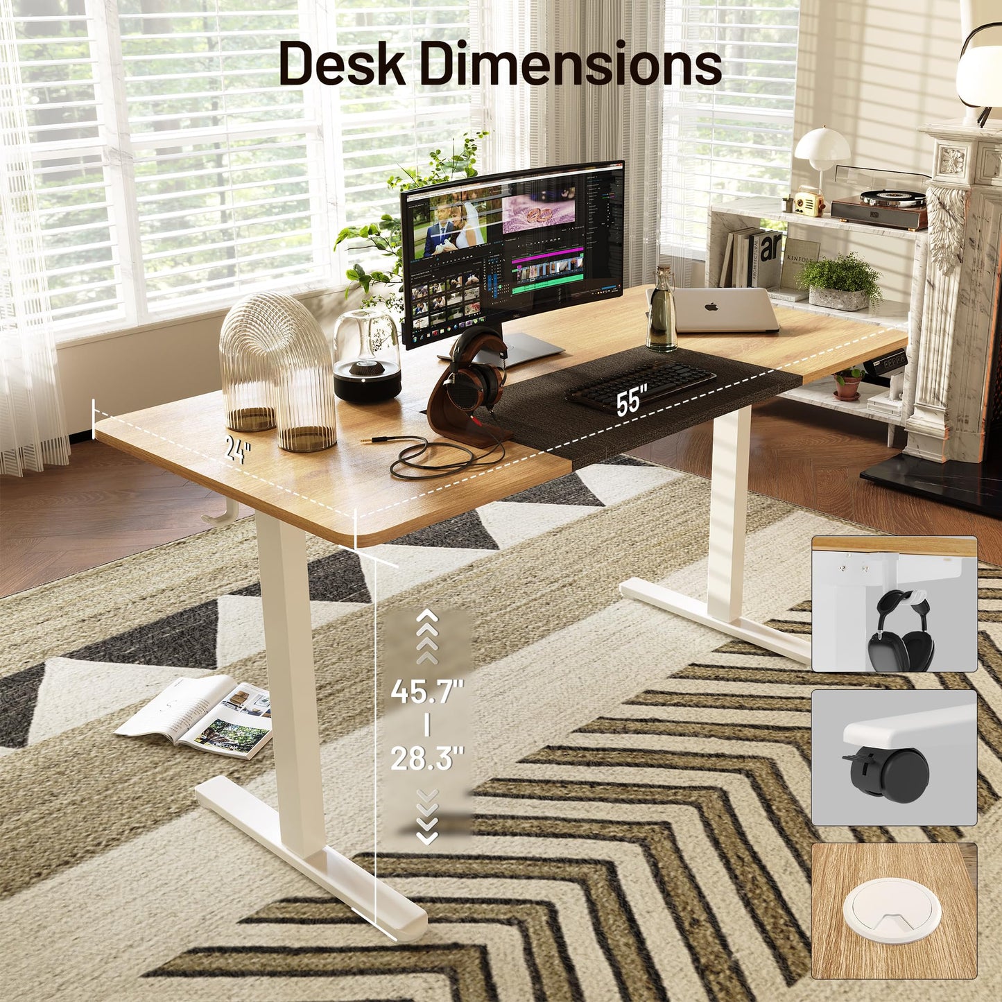Monomi Electric Standing Desk 55x24 Inch, Height Adjustable Sit Stand Up Desk with Lockable Wheels for Home Office, 3 Memory Preset Computer Table with Anti-Collision,Headphone Hook, Natural