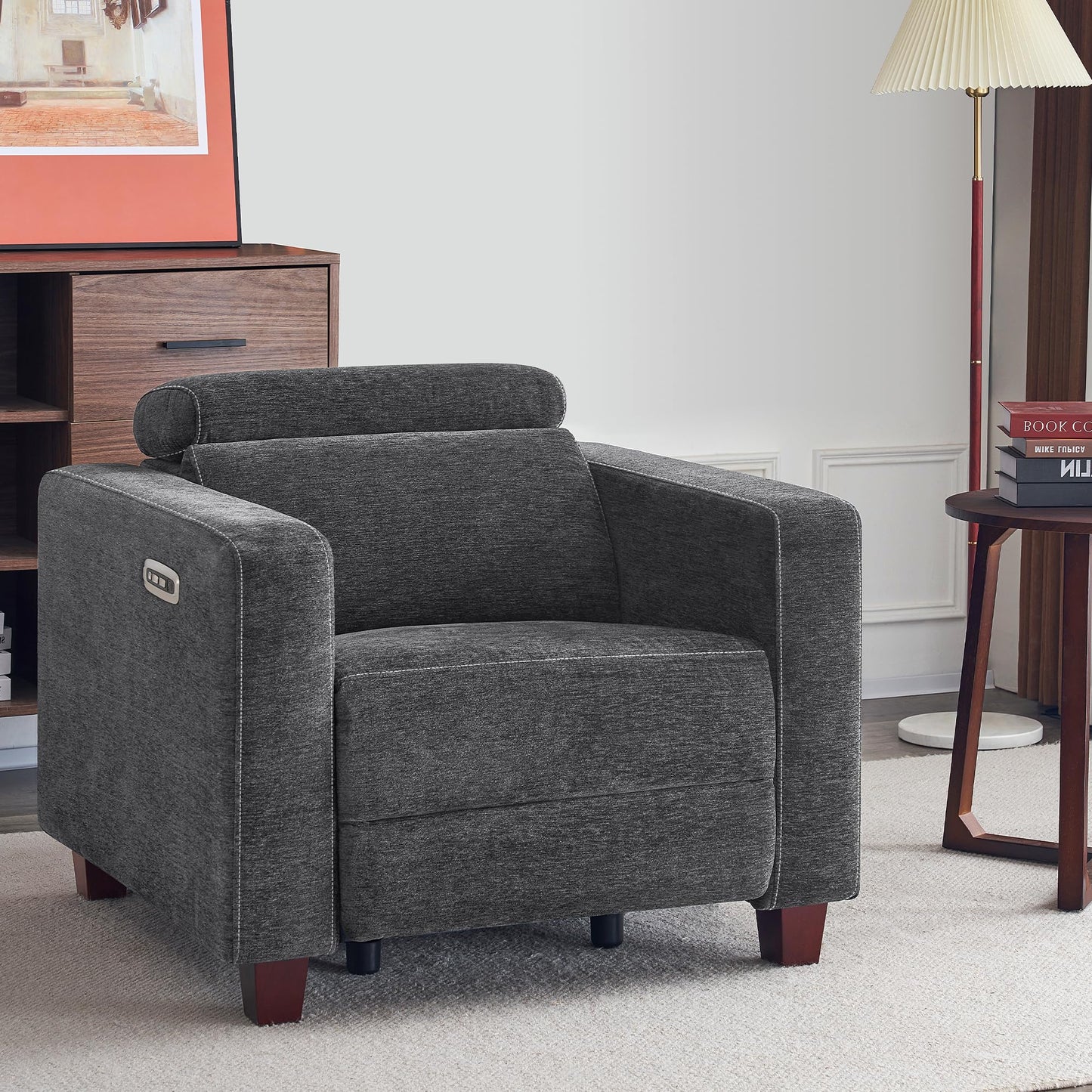 MCombo Zero Wall Recliner Chair, Wall Hugger Power Recliner Chair with Adjustable Headrest, High Wood Leg, USB & Type C Dual Charge Ports, for Living Room, Small Spaces, HL128 (Textile, Dark Grey)