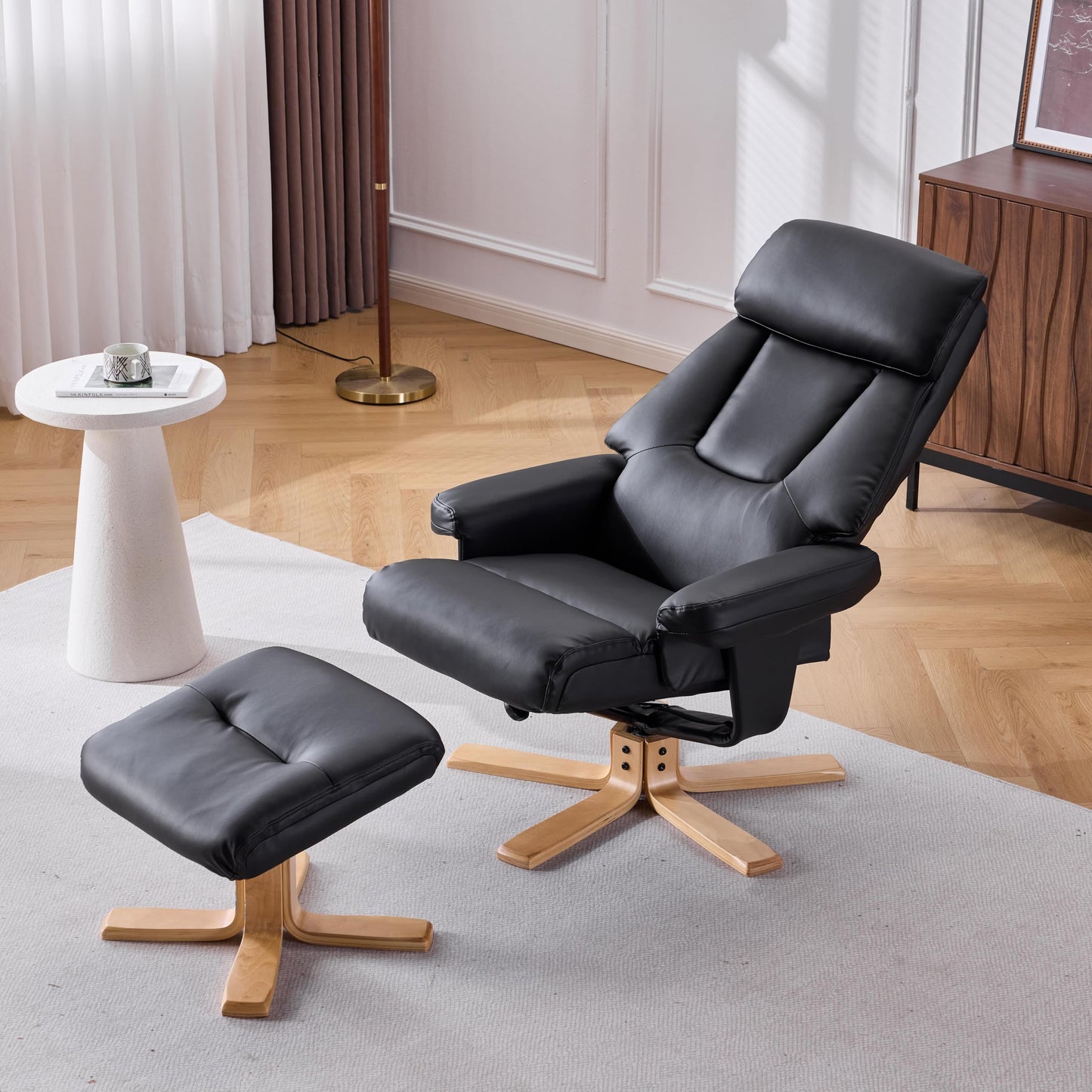 KEIKI 360 Degree Swivel Accent Chair, PU Leather Heated Massage Chair with Ottoman， Ergonomic Seat for Living Room, Lounge, Office, Black