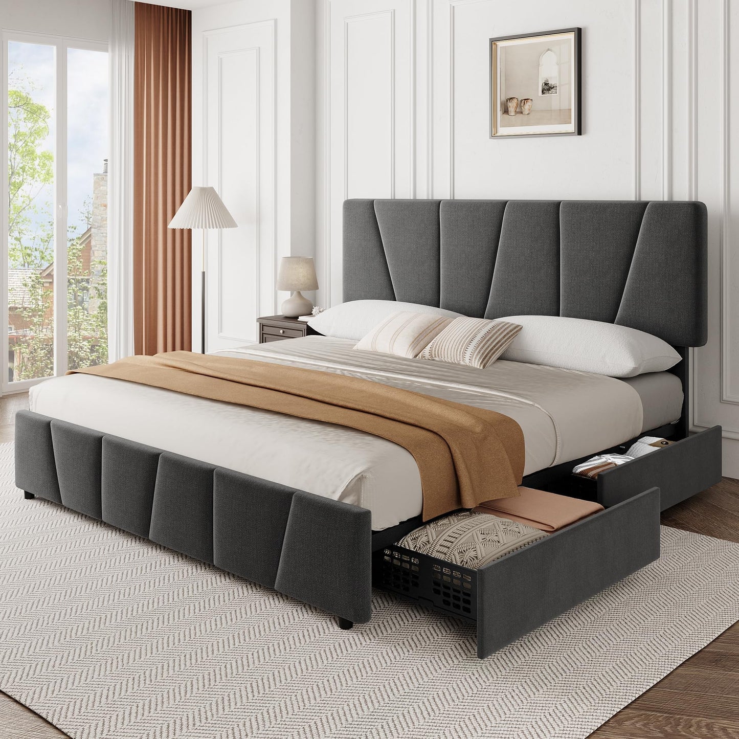 King Size Bed Frame with Upholstered Headboard & 4 Storage Drawers with Wheels, Platform Bed Frame with Wooden Slat Support, Adjustable Headboard, No Box Spring Needed, Noise-Free, for Bedroom