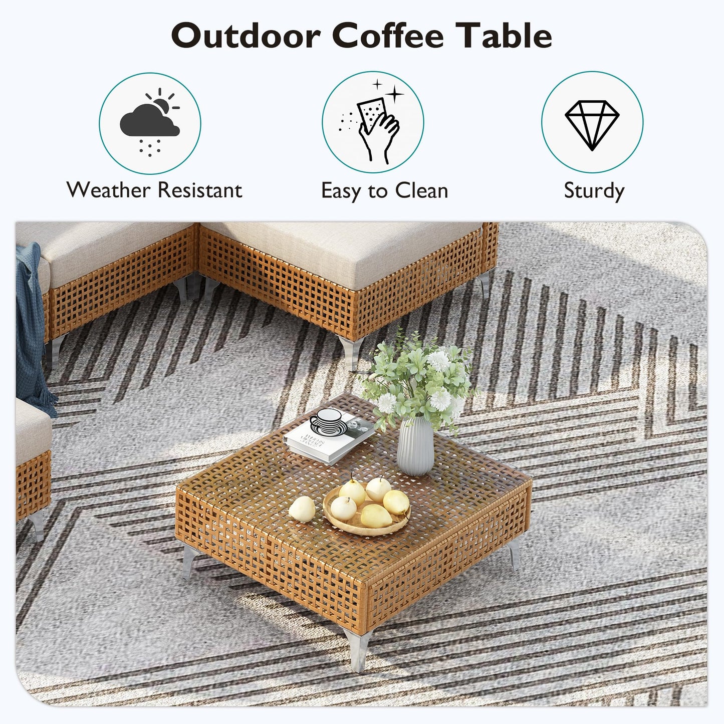 YOPTO 7-Piece Outdoor Conversation Sectional Sofa Set with Water Resistant Thick Cushions & Coffee Table,Wicker Patio Furniture Set W/Removable Cushions Cover,DIY Combination,for Porch,Backyard,Beige