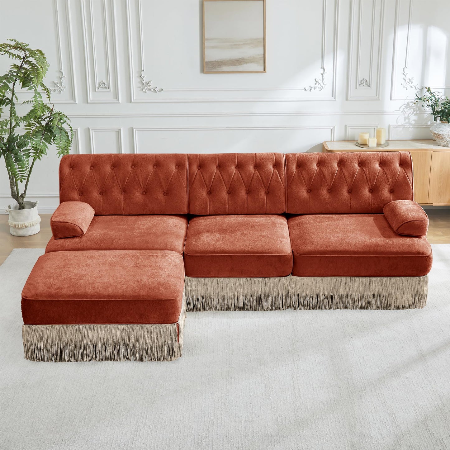 KEIKI 106" L-Shaped Velvet Chesterfield Style Modular Sectional Sofa, Oversized Button Tufted 3-Seater Couch with 1 Ottoman & Floor-grazing Tassel Fringe Skirt, Easy Assembly, for Living Room, Brown