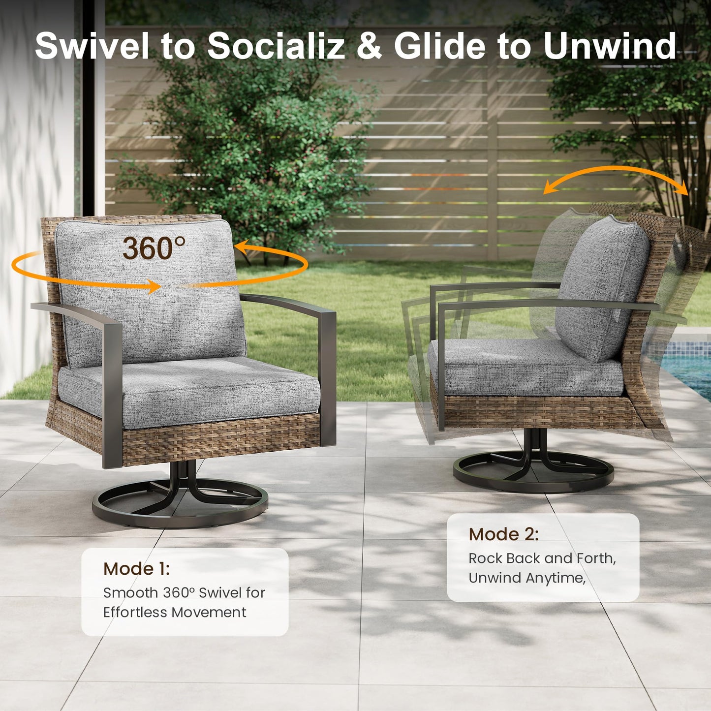 Green4ever 3-Pieces Patio Swivel Rocking Chairs Rocking with Sidetable, Metal Outdoor Rocking Chair, All Weather Rattan Patio Chairs for Porch, Bistro, Balcony, Grey