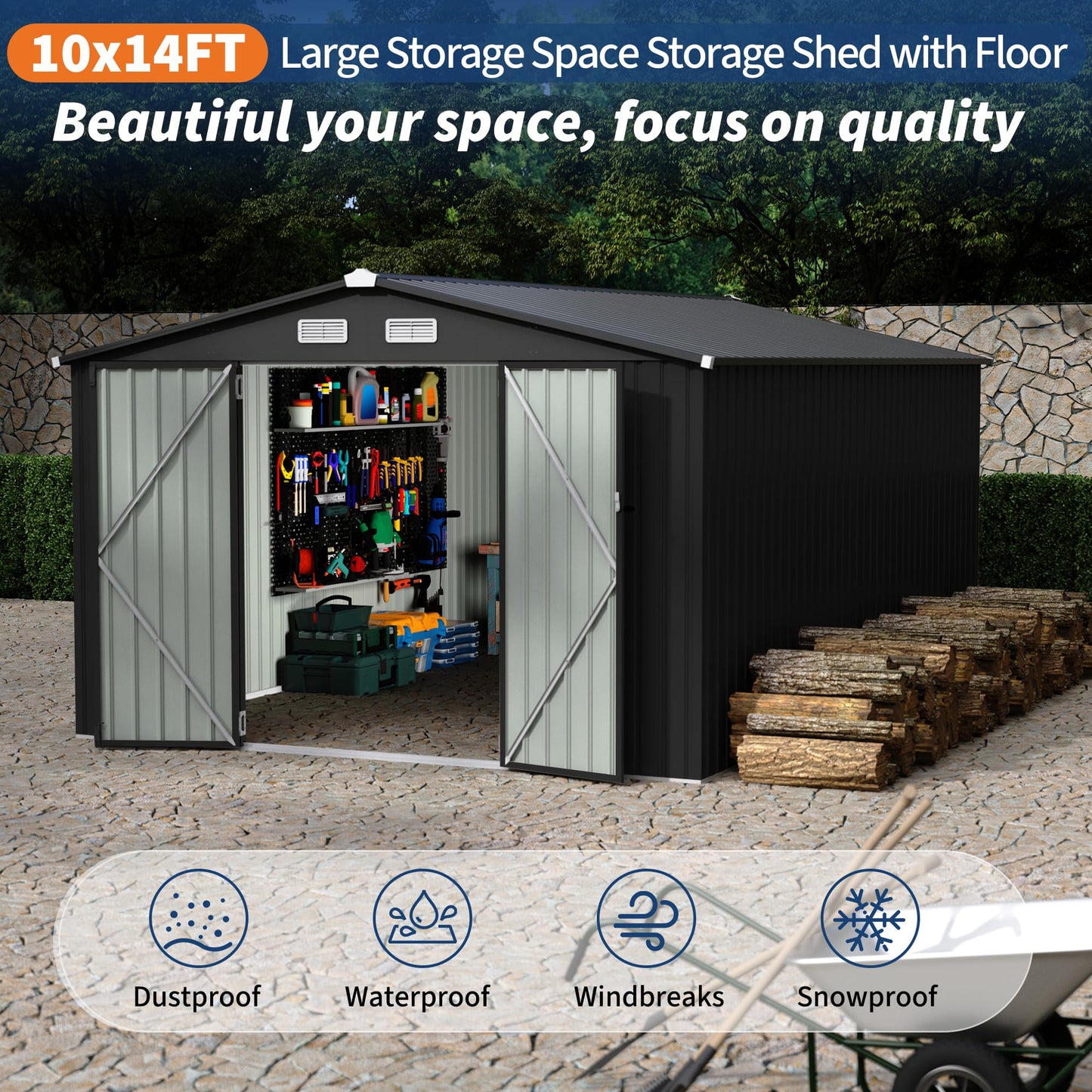10X14 FT Metal Storage Sheds Outdoor, Metal Yard Sheds Garden Shed Kit, Tool Shed with Lockable Door, Utility Sheds Buildings with Air Vent for Backyard Garden Patio Lawn