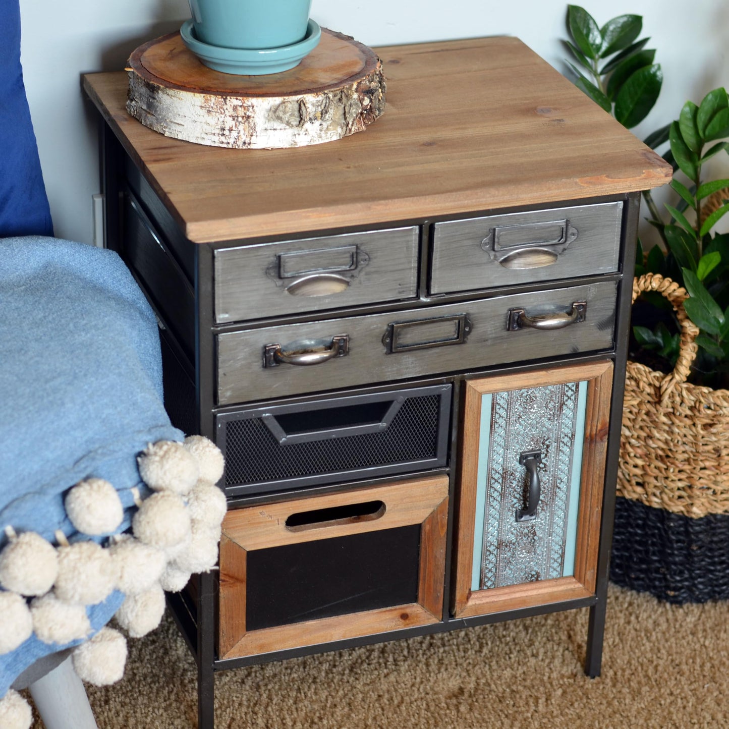 WHW Whole House Worlds Industrial Chic Multi Drawer Nightstand, 3 Drawers and 3 Utility Bins, Reclaimed Vintage Style, Iron, Screening, Galvanized Metal, Wood, 21.75 Inches Tall (55 cm)