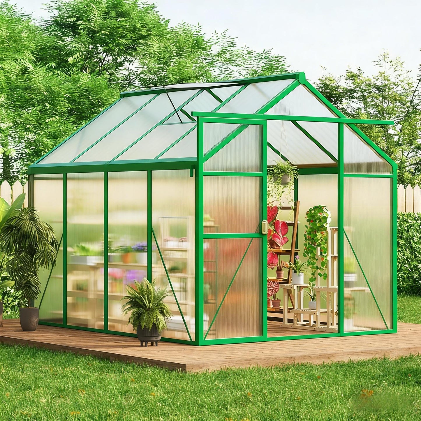 6x8 FT Greenhouse, Easy Assembly Aluminum Polycarbonate Greenhouses for Outdoors with Roof Vent, Large Aluminum Walk-in Greenhouse for Sunroom Patio, Backyard, Garden, Sliding Lockable Door, Green
