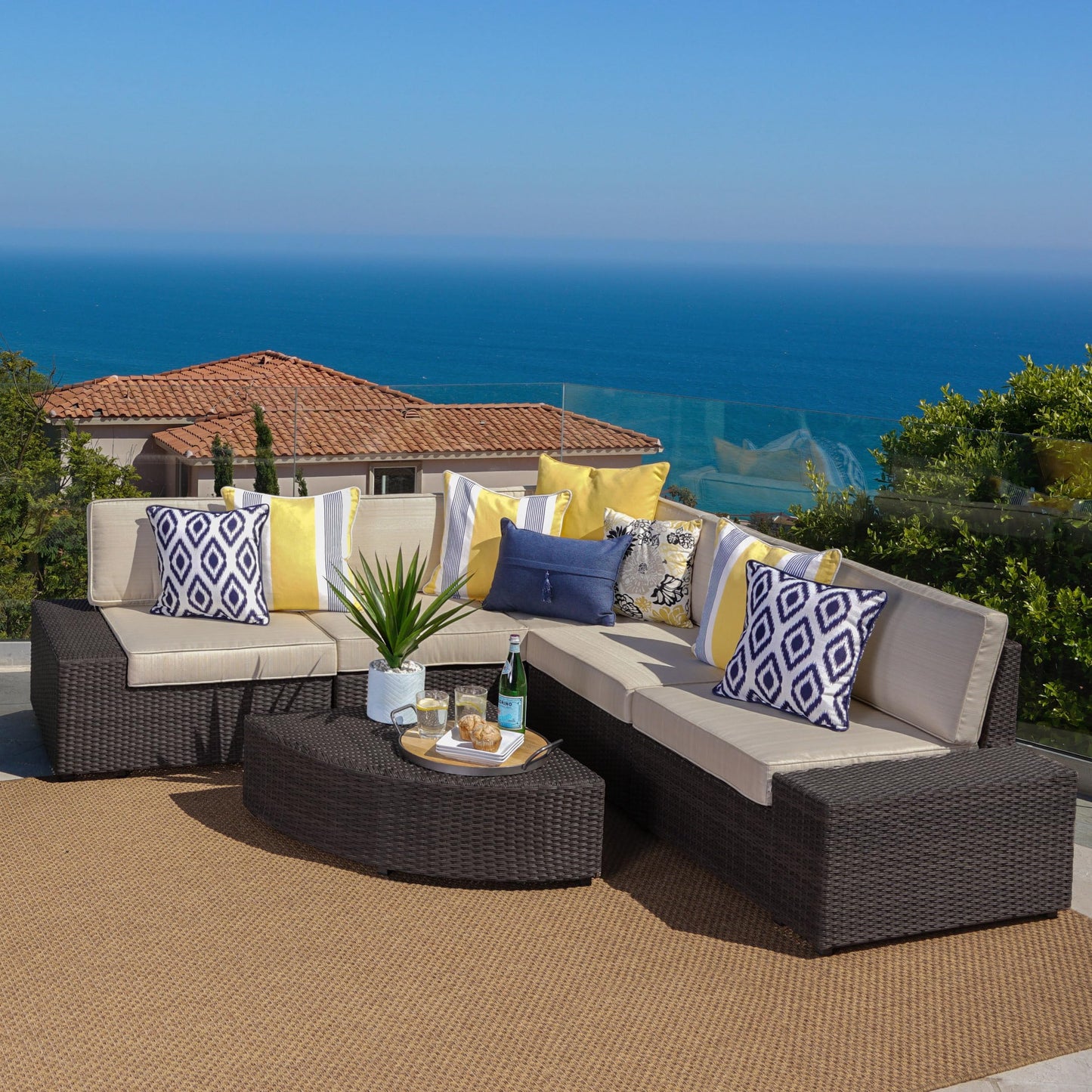 Christopher Knight Home Santa Cruz Outdoor Wicker Sectional Sofa Set with Water Resistant Cushions, 6-Pcs Set, Brown
