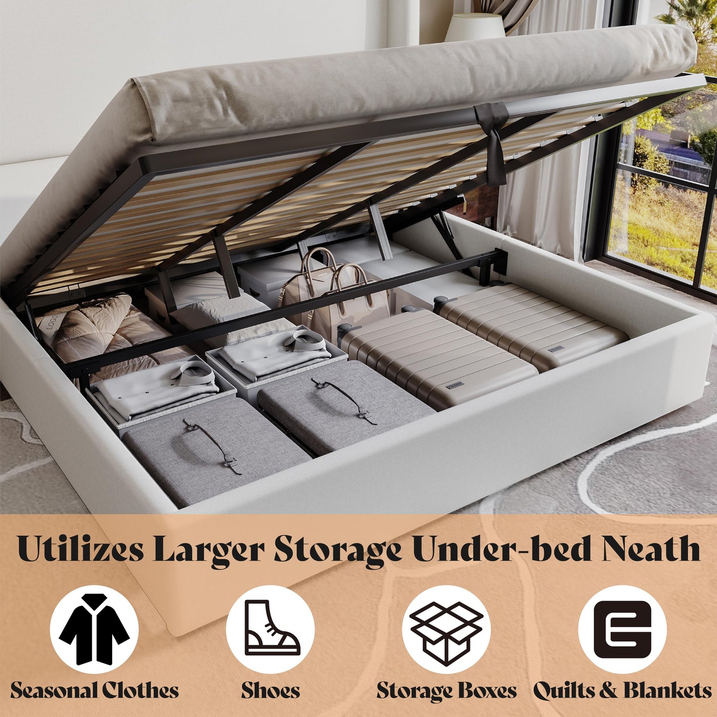 AMERLIFE Lift Up Storage Bed King Size Linen Upholstered Platform Bed Frame, Hydraulic Storage,Modern Wingback Headboard, No Box Spring Needed, White