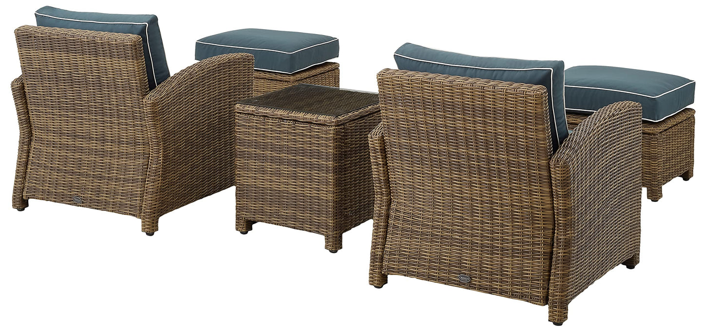 Crosley Furniture Bradenton 5-Piece Outdoor Chair Patio Furniture Set, Wicker Conversation Sets for Porch, Weathered Brown with Navy Cushions