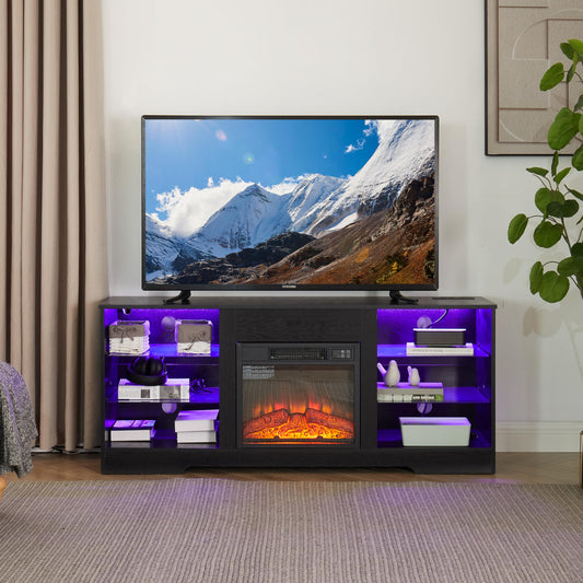 KEIKI 58" Electric Fireplace TV Stand for TVs Up to 62 inch, Modern Media Entertainment Center with LED Lights & Glass Shelves & USB Charging Outlet, TV Console Cabinet for Living Room, Black