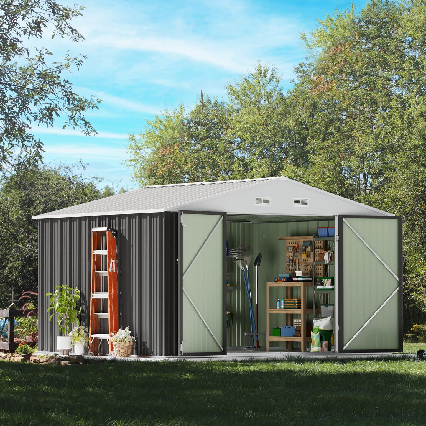 Devoko 10 x 8 FT Outdoor Storage Shed, Metal Garden Sheds & Outdoor Storage Clearance, Large Tool Shed Outdoor with Single Lockable Door for Patio Lawn Backyard (Gray)