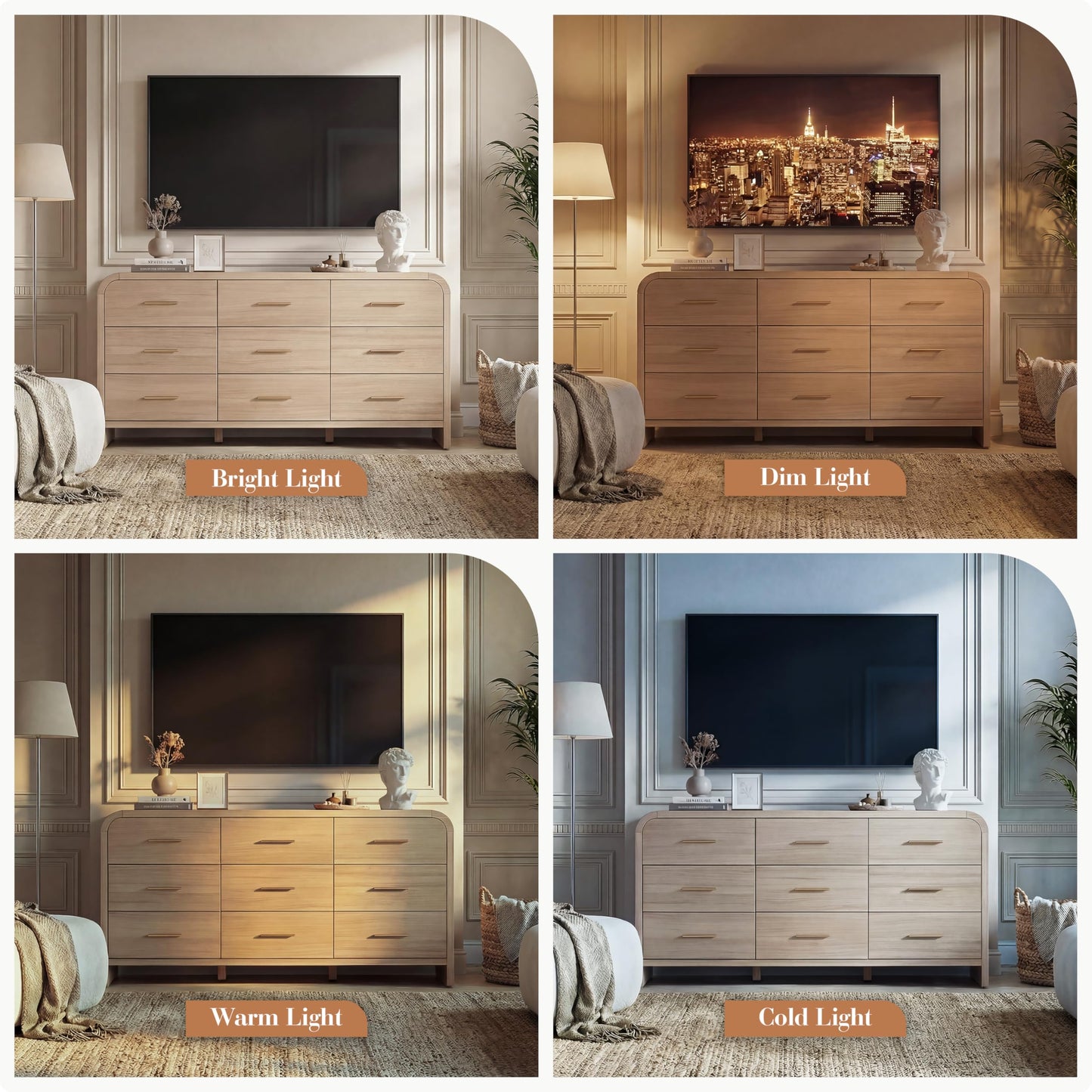 EliteSet Curved 9-Drawer Dresser for Bedroom, 63" Wide Modern Chest of Drawers, Vanity Desk TV Stand for Living Room, Closet Storage Drawers Organizer Furniture, Nursery, Hallway, Grey Oak