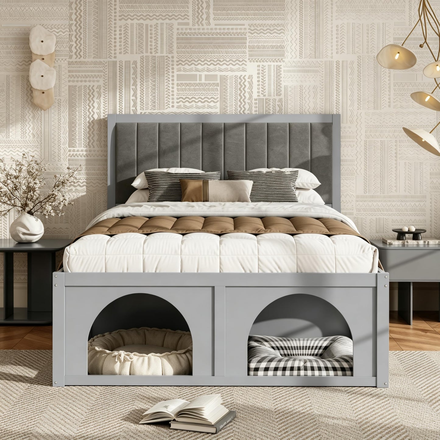 Merax Queen Platform Bed – Heavy Duty Metal Bed Frame with Pet-Friendly Under-Bed Nook, Space-Saving Storage, Upholstered Headboard, Wood Slats Support & Elevated Modern Design, Light Grey
