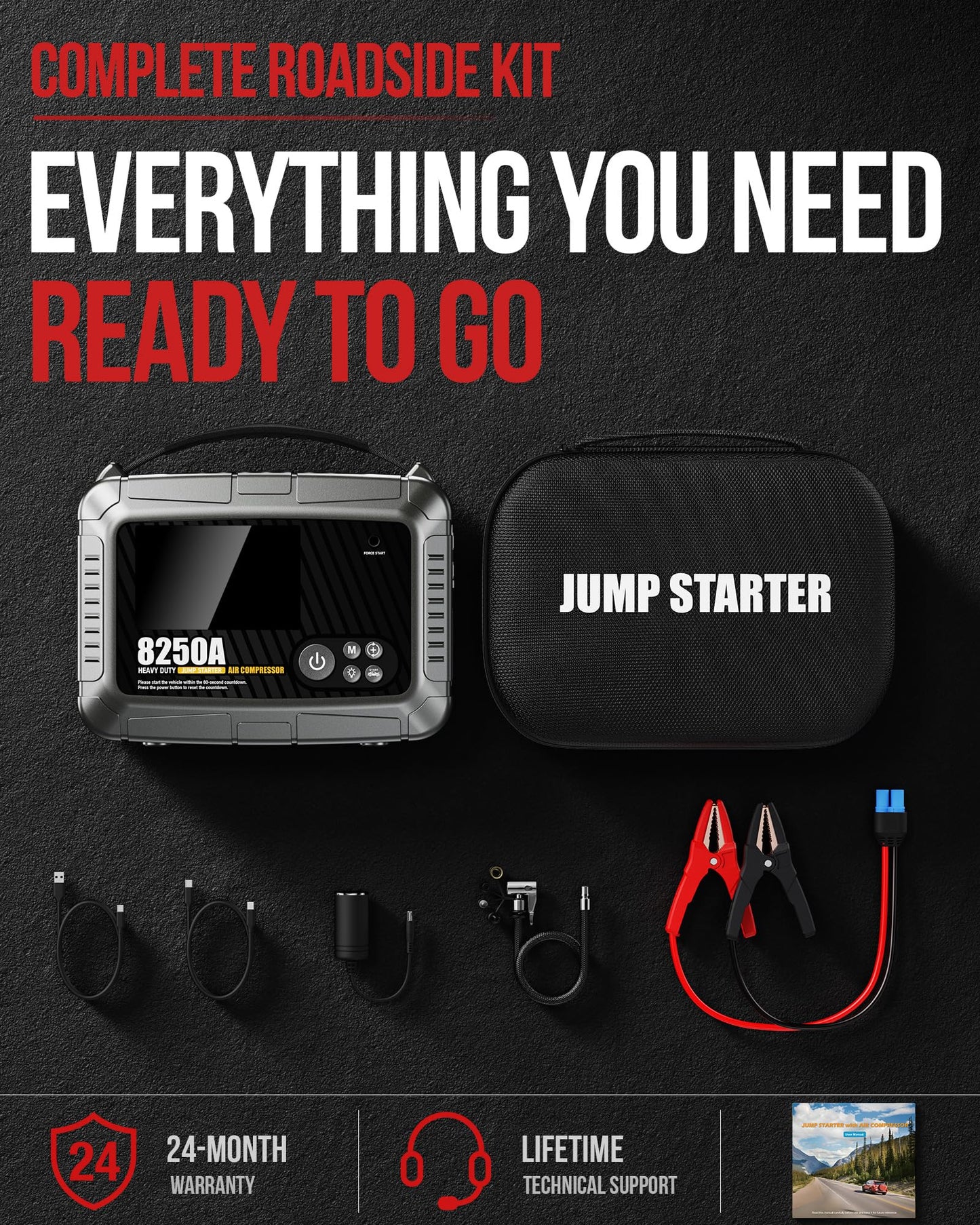 JFEGWO 8250A Heavy Duty Jump Starter with Air Compressor, 32000mAh 65W Fast Charging Portable Car Battery Booster Power Pack (for All Gas 12L Diesel), 150 PSI Tire Inflator, HD Display 12V Jump Box